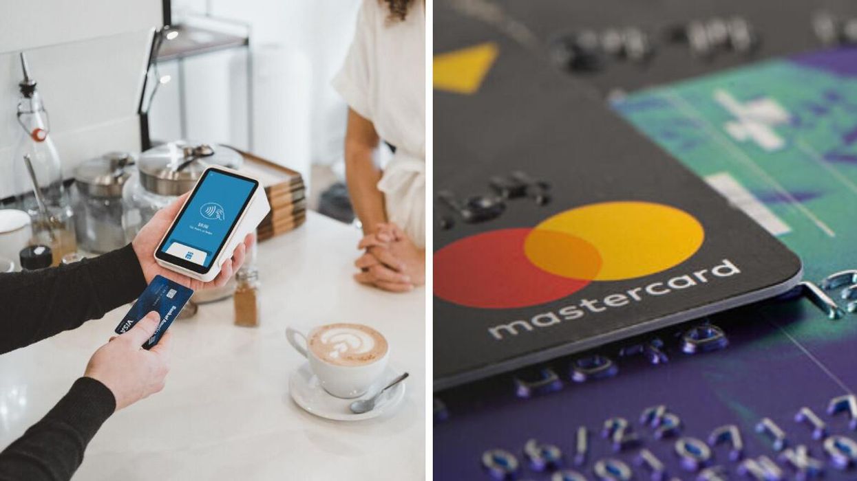 Person paying with a credit card at a café. Right: Mastercard credit card.