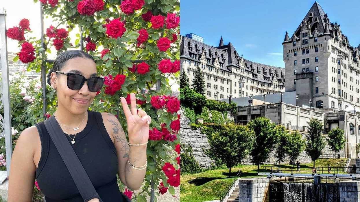 Person posing and holding up a peace sign in front of a wall of roses, Right: Ottawa's Chateau Laurier on a sunny day with trees and the locks in the foreground.