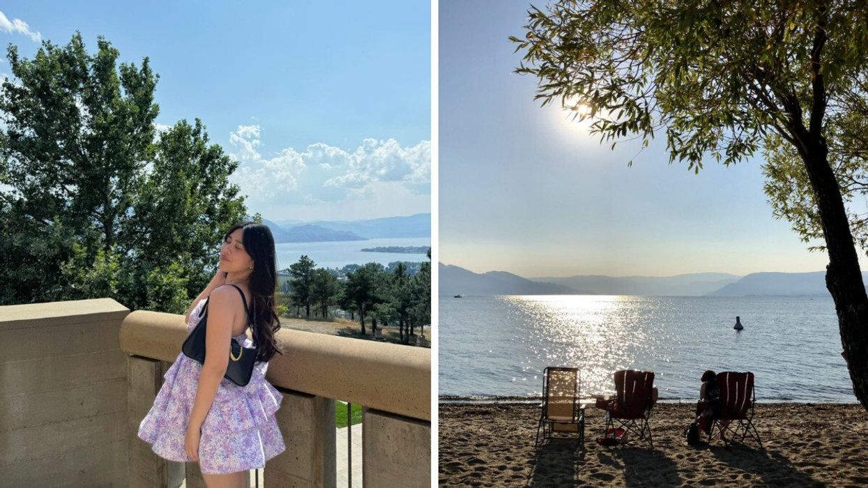 Person posing by a view. RIght: A lakeside beach.