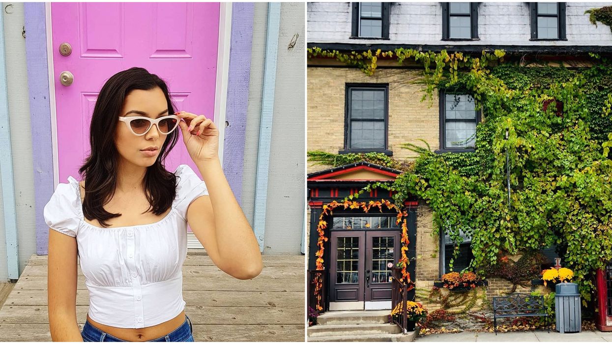 Person posing in front of a cotton-candy pink door. Right: The ivy-covered façade of a Merrickville building.
