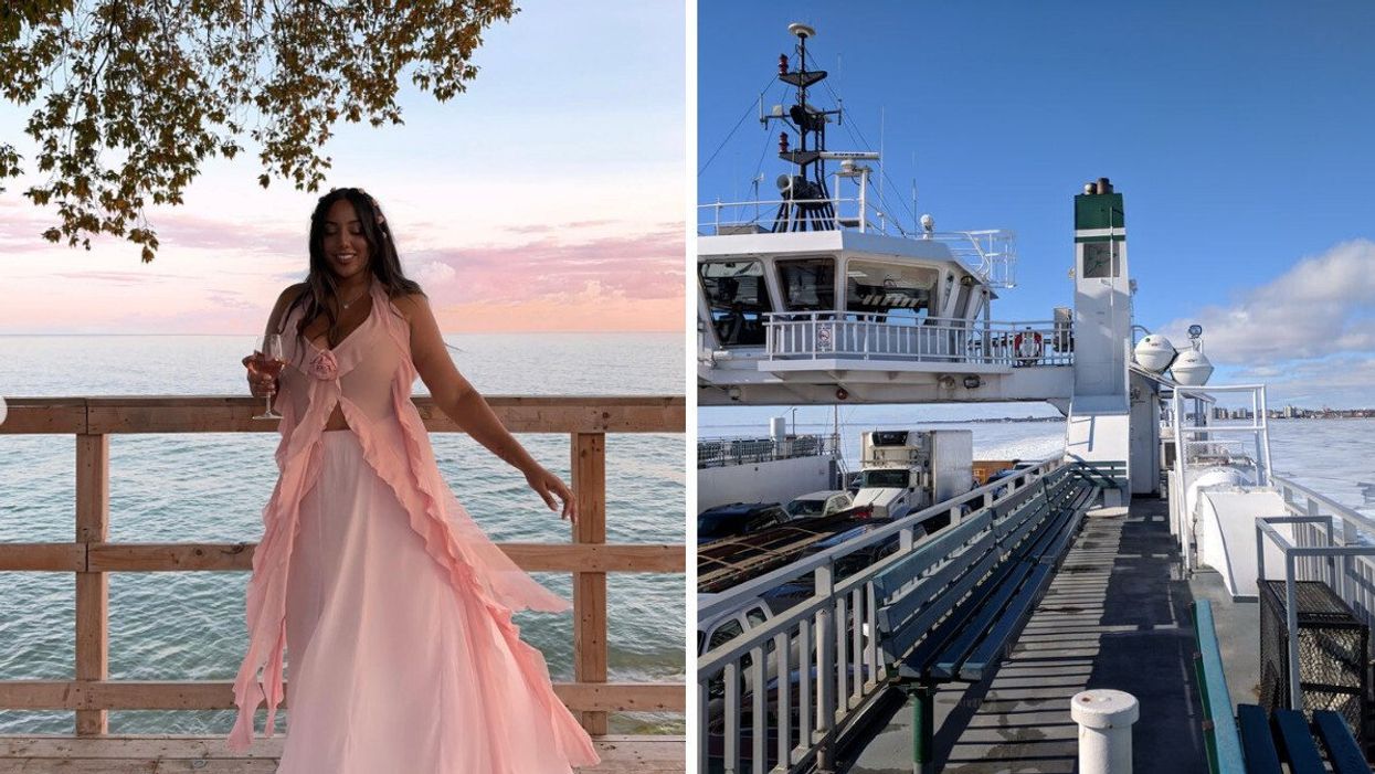 Person posing next to a lake. Right: A ferry.