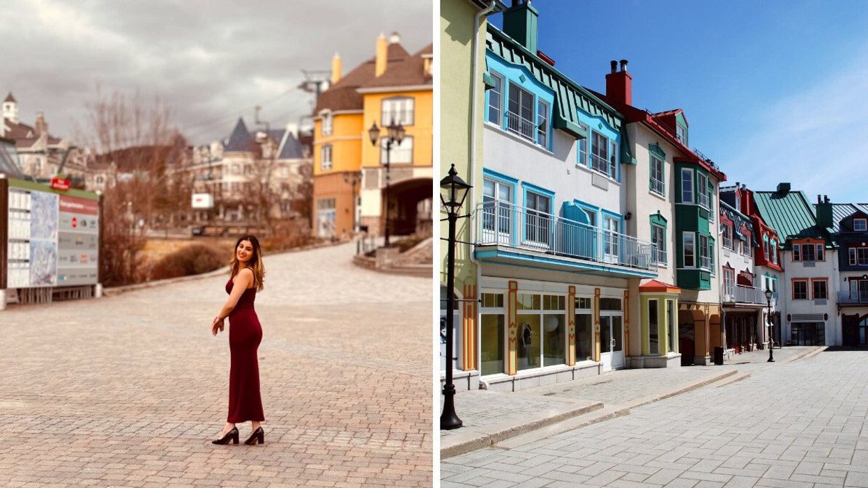 Person posing on a street. Right: A street with storefronts.