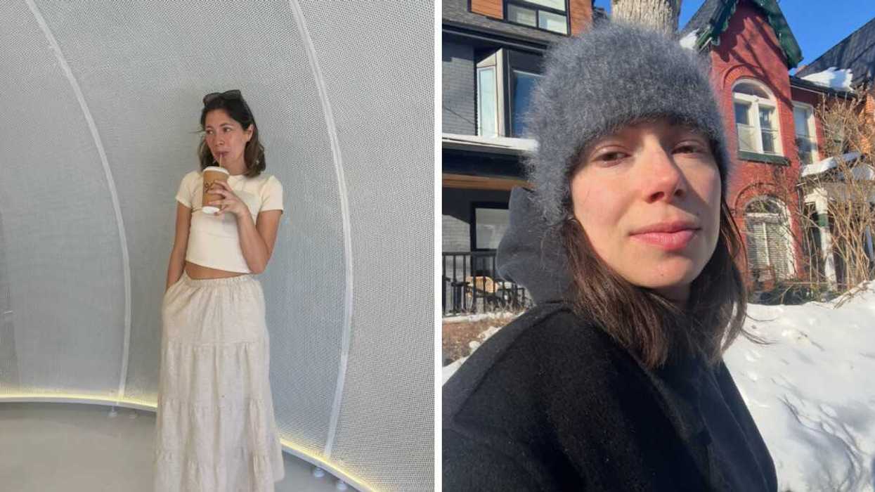 Person posing with a coffee. Right: A selfie of someone in Toronto.