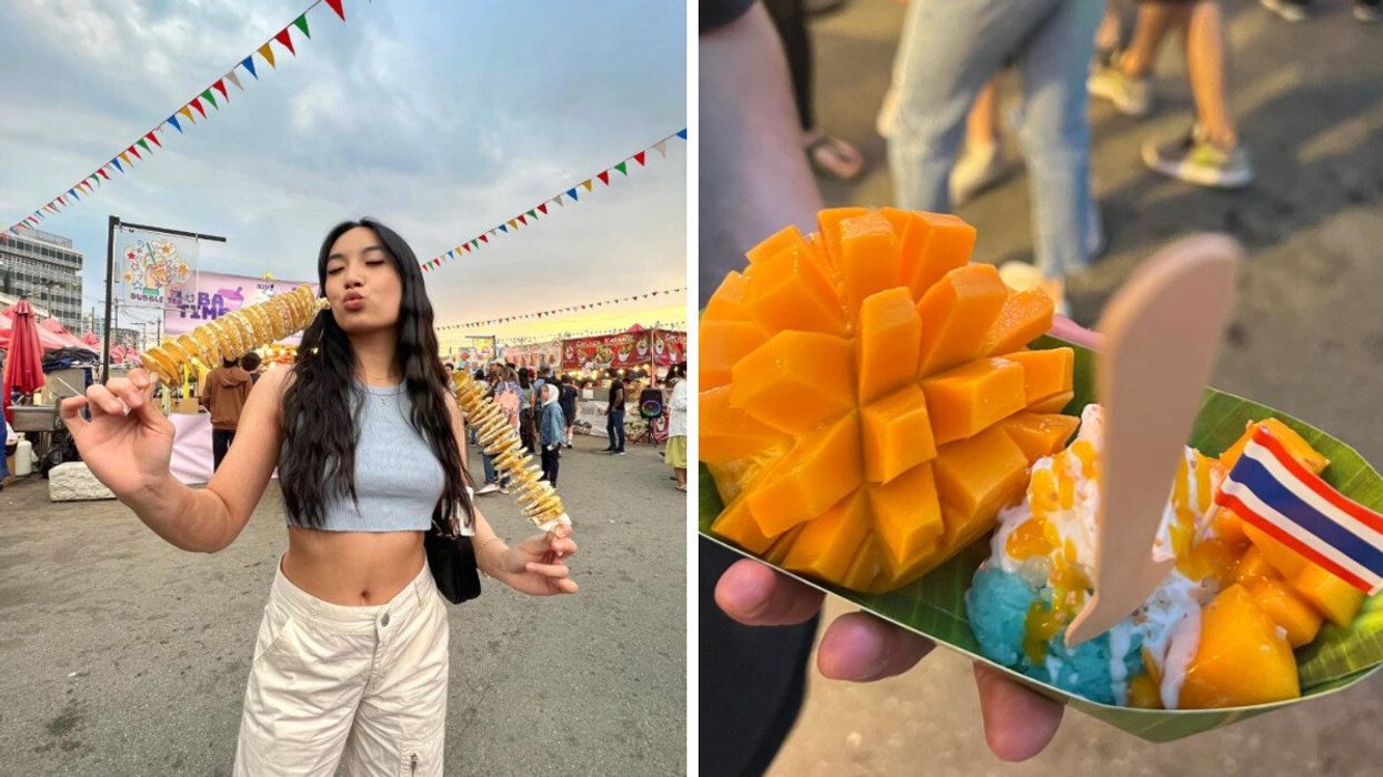 Person posing with food. Right: Food at a market.