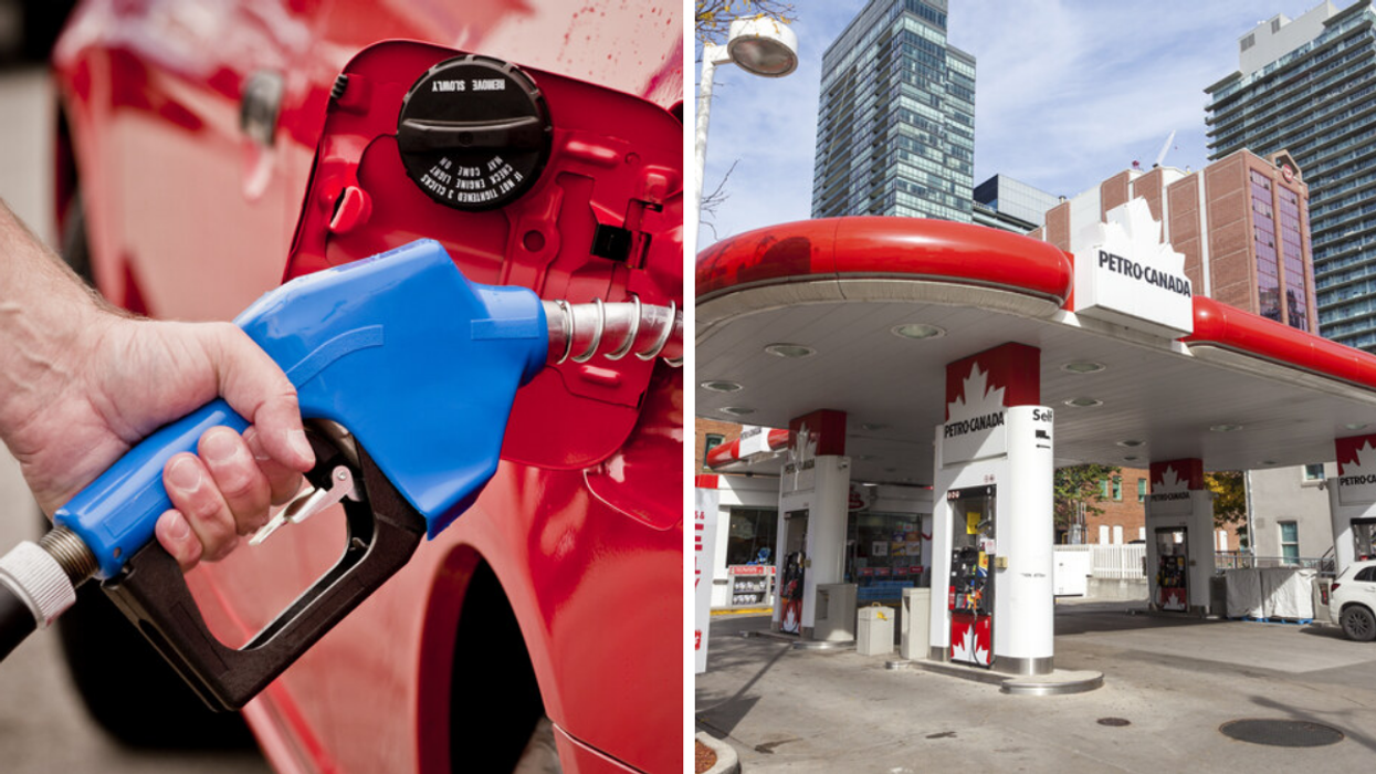 Person pumping gas. Right: Petro-Canada station in Toronto.