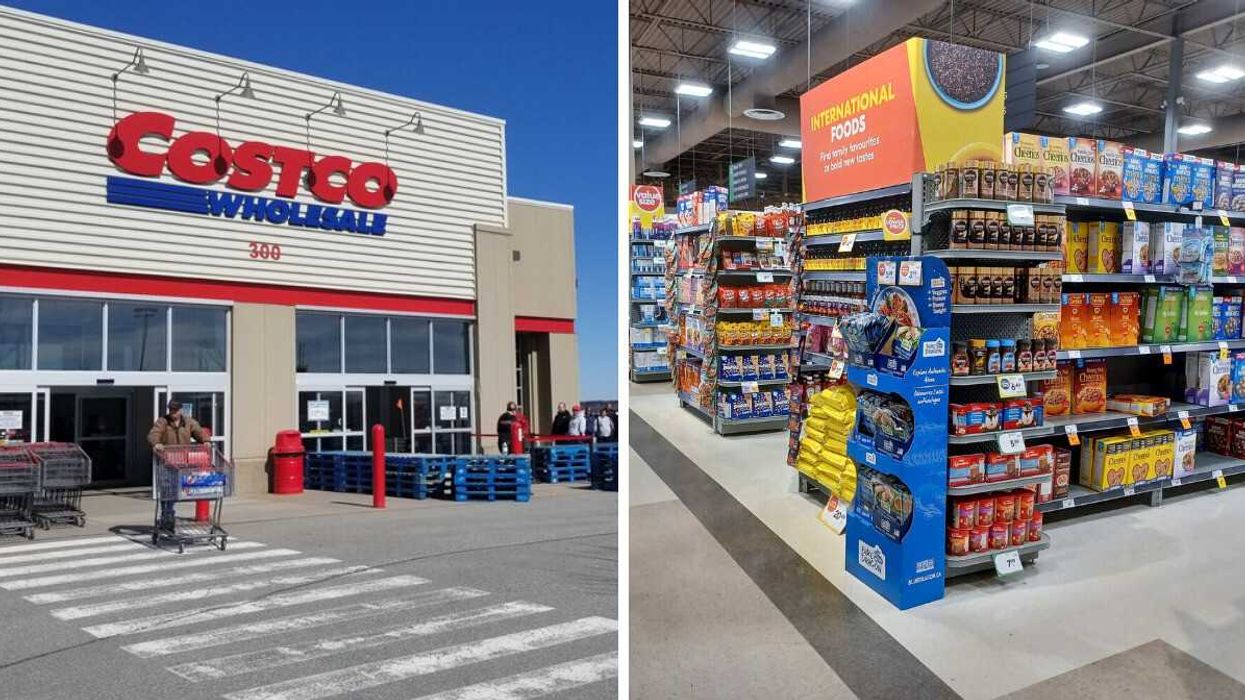 person pushing a cart out of a costco store in canada. right: aisles in a sobeys store in canada