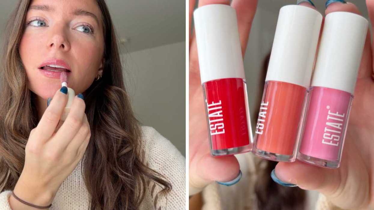 Person putting on lip gloss. Right: Three lip glosses.