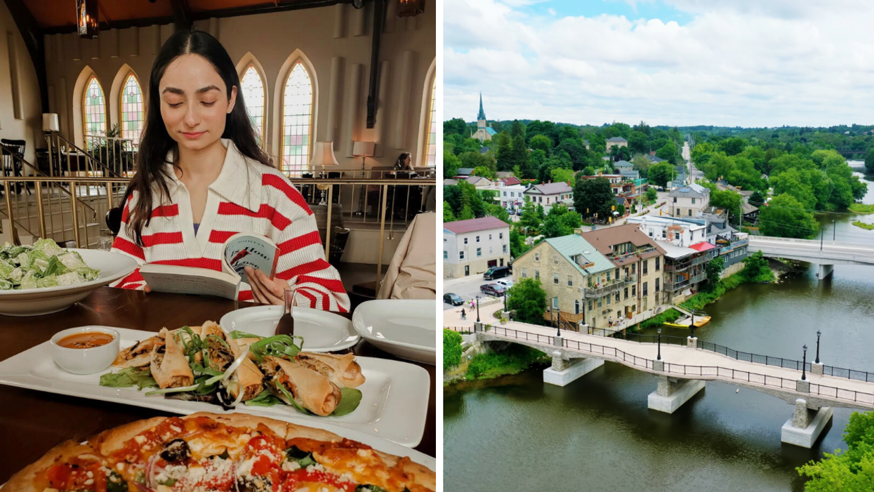 Person reading in a restaurant. Right: Aerial view of Elora.