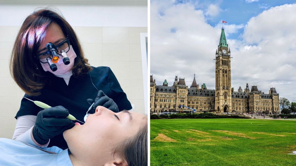 Person receiving dental care. Right: Parliament Hill in Ottawa.
