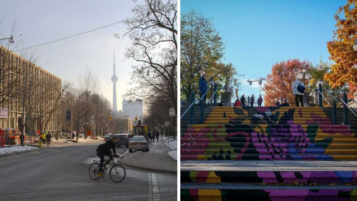 person riding bike on toronto street with snow and cn tower in the background. right: people walking on tree lined path in ottawa