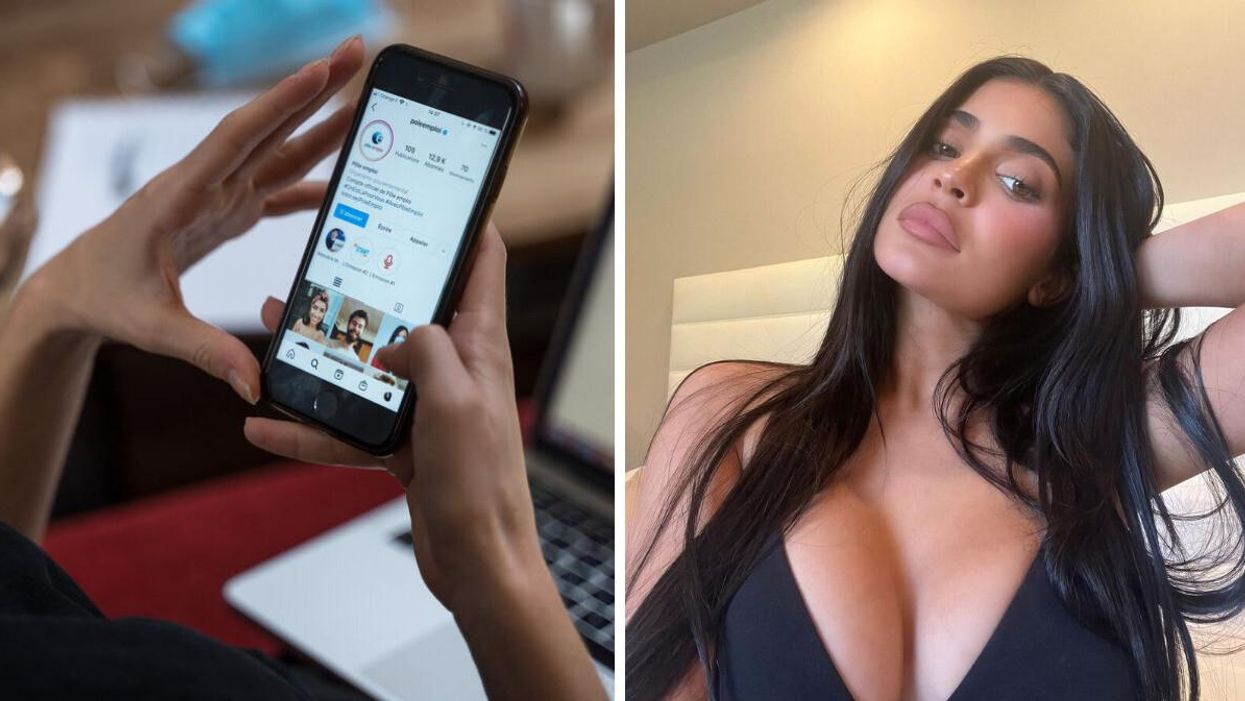 Person scrolling through Instagram on their phone. Right: Kylie Jenner.