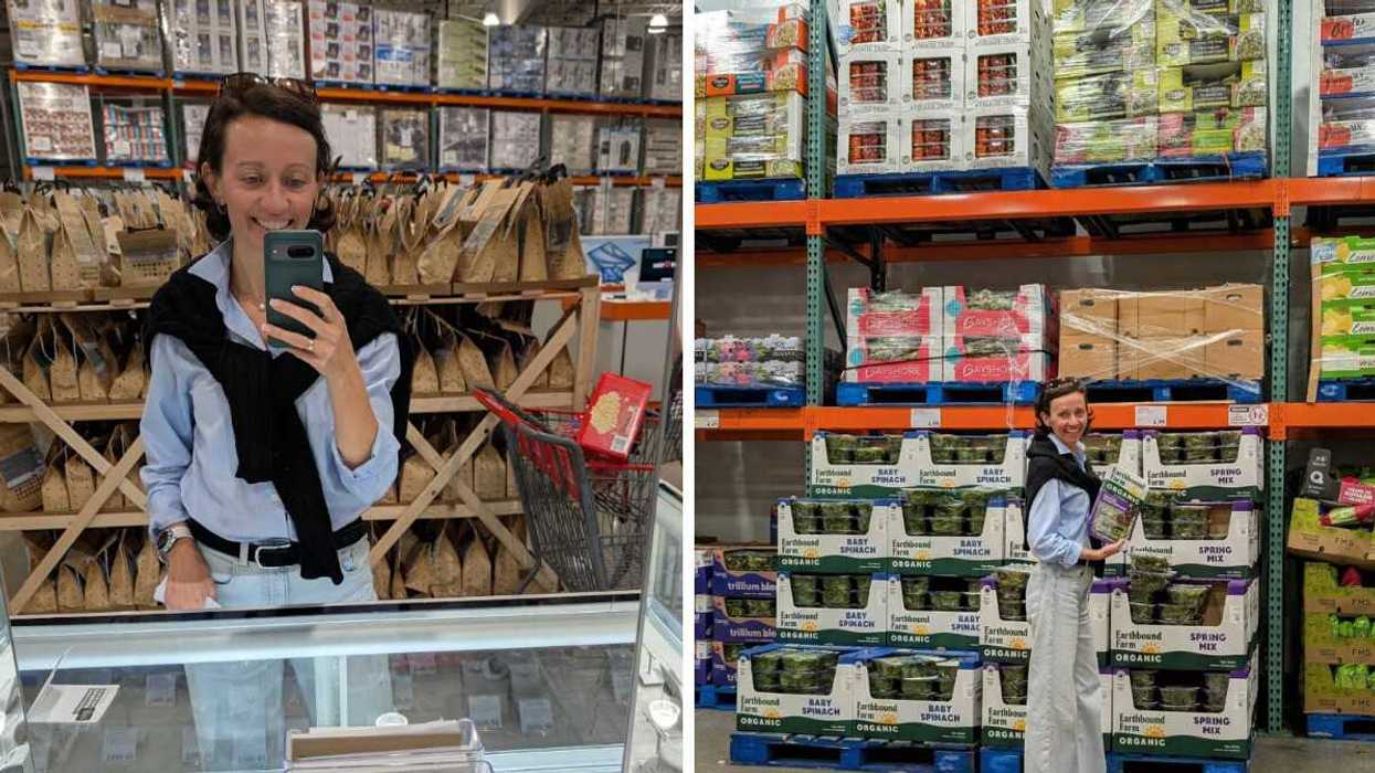 Person shopping and taking a mirror selfie in a warehouse store. Right: A warehouse store.