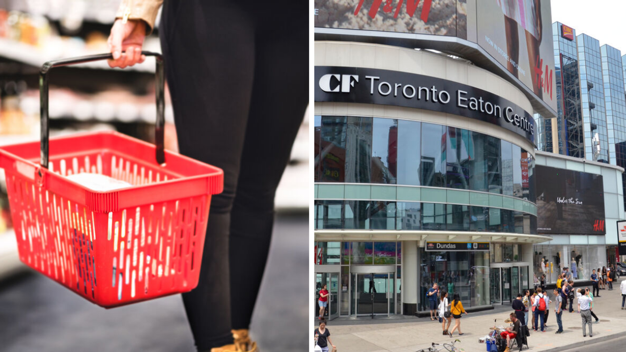 Person shopping at grocery store. Right: Toronto Eaton Centre.