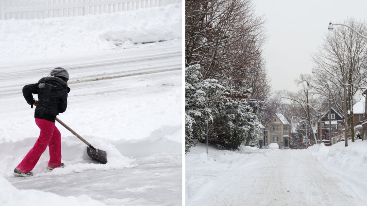 Person shovelling snow. Right: Ontario road covered in snow.