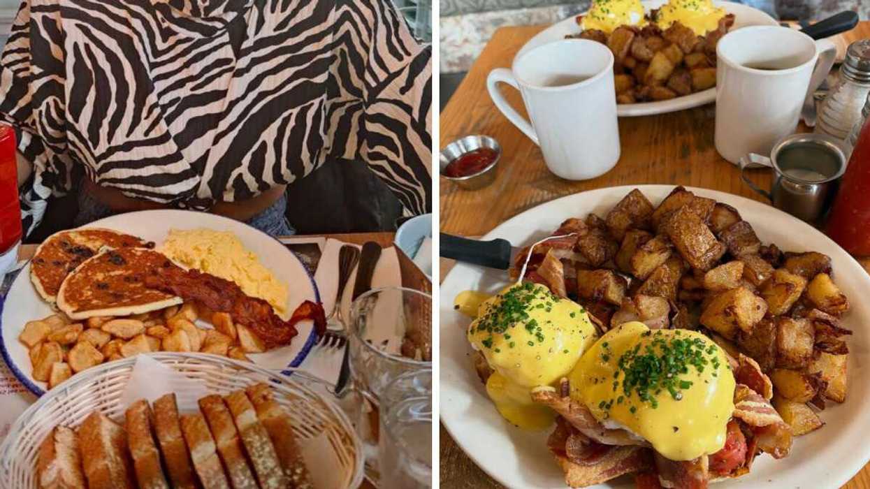 Person sitting at a table with pancakes, eggs, toast and home fries, Right: Eggs Benedict with home fries and two cups of coffee at Wilf & Ada's.