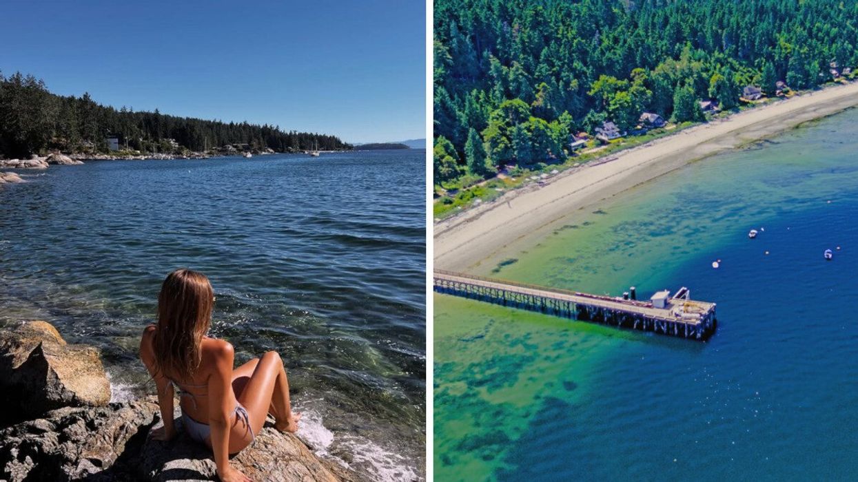 Person sitting by the water. Right: An aerial view of a beach.