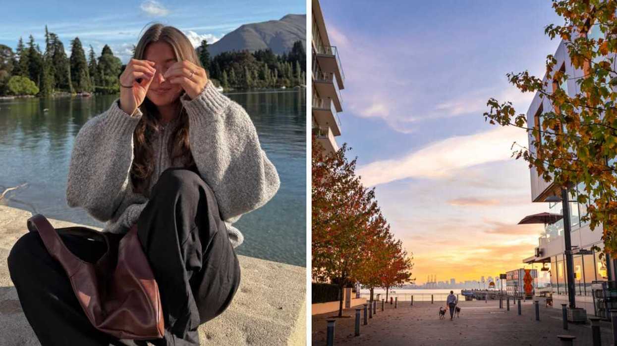 Person sitting by the water. Right: North Vancouver.