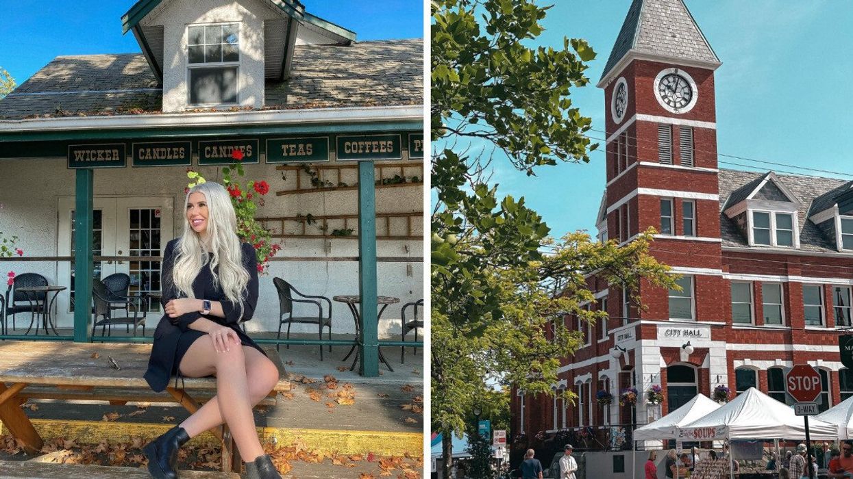 Person sitting in a town by an old building. Right: A city hall.