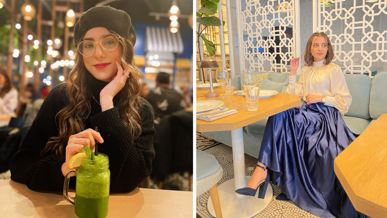 Person sitting in East Tea Can drinking a mint lemonade. Right: Person sitting in Amal Toronto.