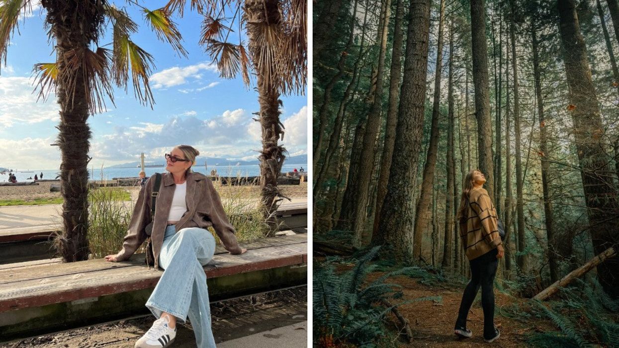 Person sitting near palm trees. Right: Someone standing in a forest.