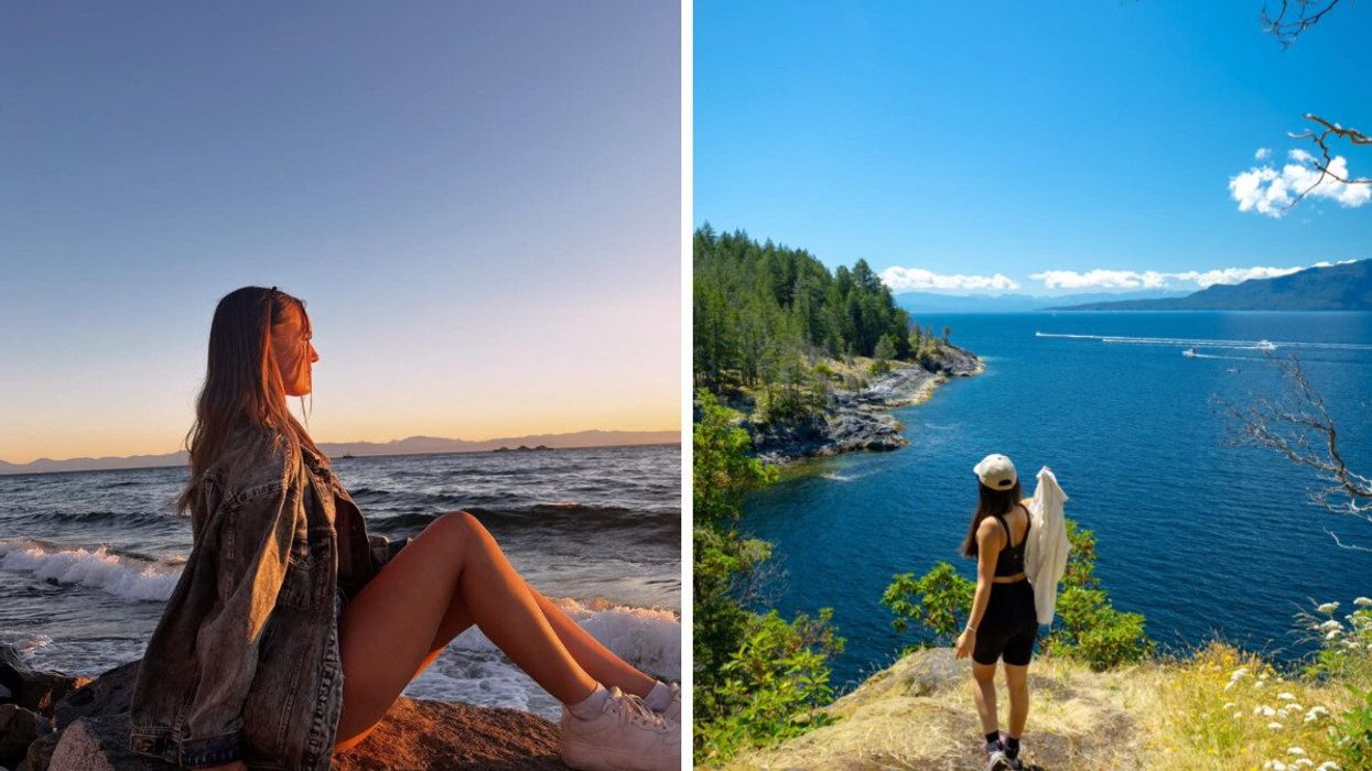 Person sitting next to the water. Right: Someone on a hike.