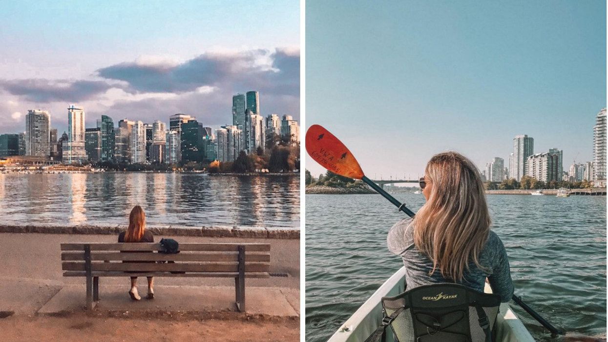 Person sitting on a bench overlooking a city. Right: Someone kayaking.