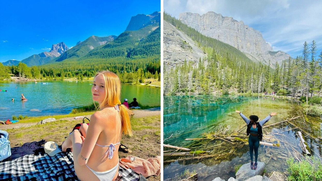 Person sitting on a blanket by a lake. Right: Person standing by a lake with arms upraised.