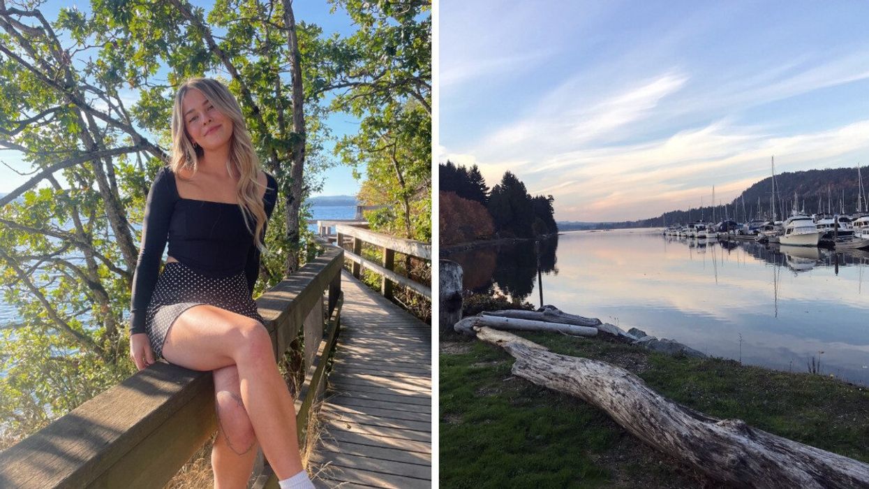 Person sitting on a boardwalk trail. RIght: A waterfront.