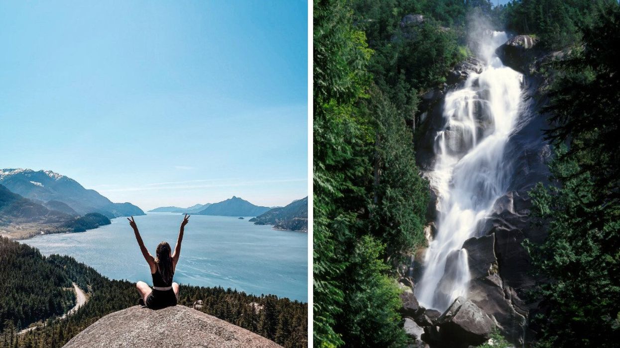 Person sitting on a hike viewpoint. Right: A waterfall.