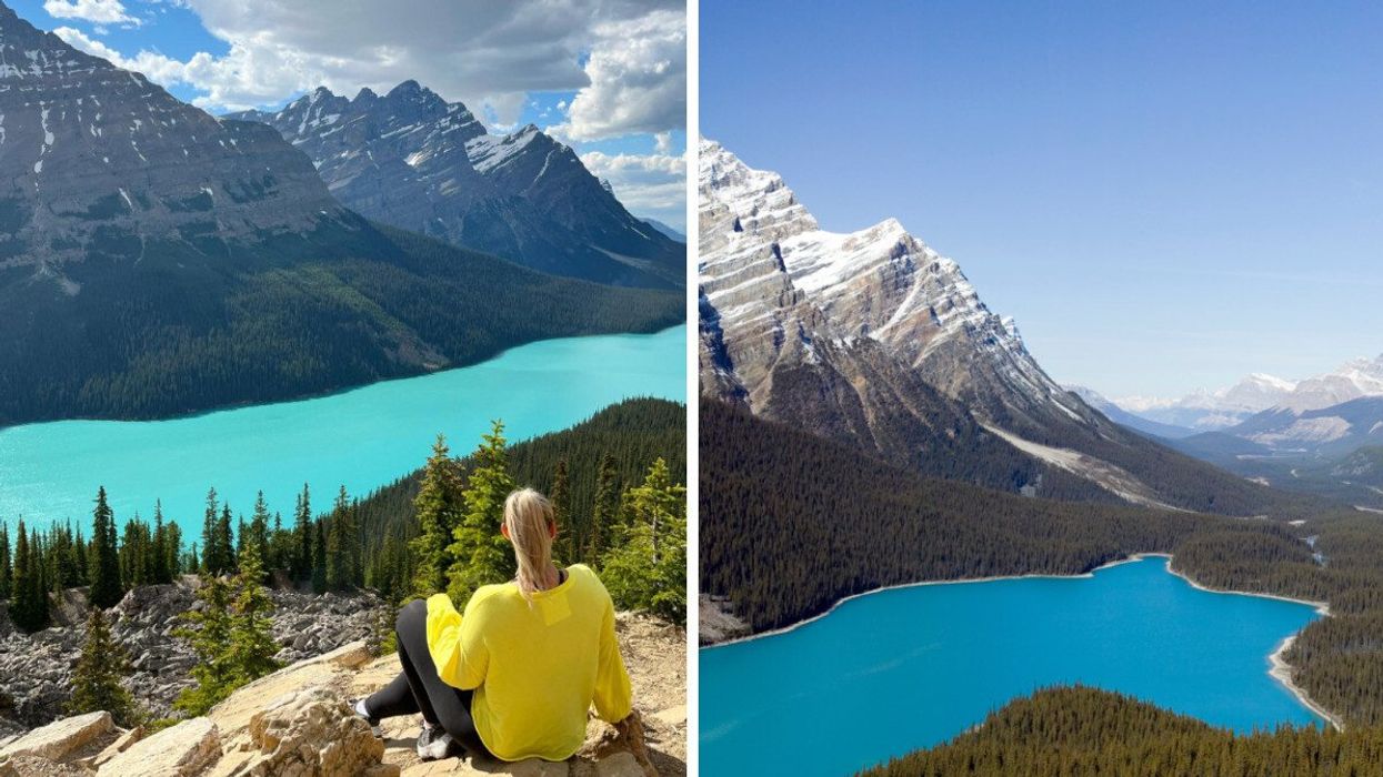 Person sitting on a hiking trail. Right: A bright lake in the mountains.
