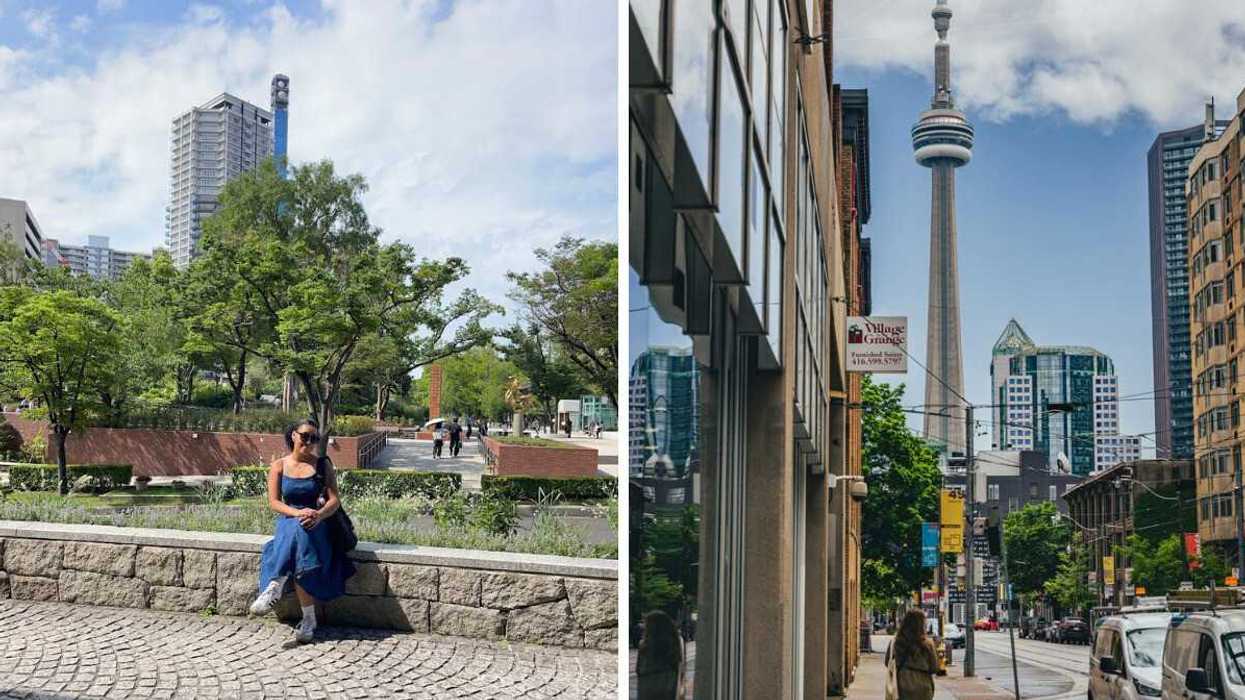 Person sitting on a low stone wall outdoors, Right: A downtown Toronto street with the CN Tower visible between the buildings.