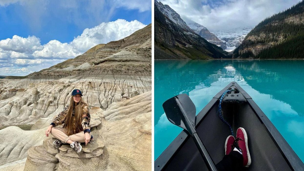 Person sitting on a rock formation in Drumheller. Right: Person kayaking on Lake Louise.