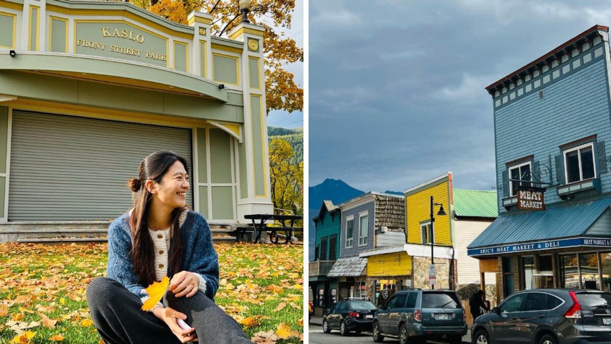 Person sitting on grass. Right: Small town street.