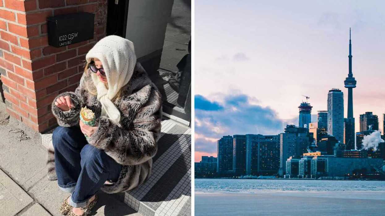 Person sitting on stoop bundled eating a sandwich. Right: City skyline with CN Tower