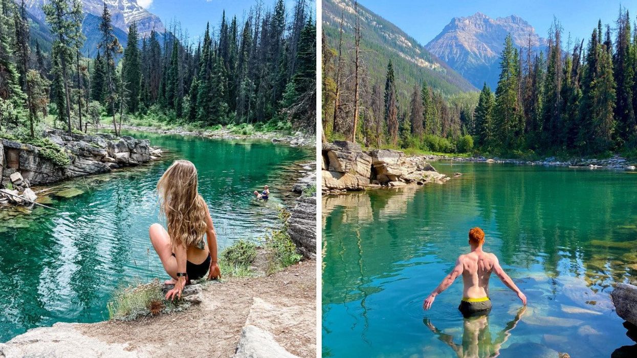 Person sitting on the edge of a lake. Right: Someone walking into a bright blue lake with a mountain in the background.