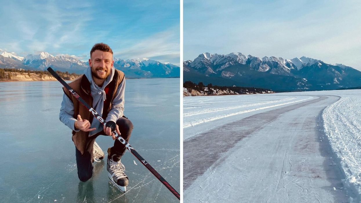 Person skating on ice with a hockey stick. Right: Ice pathway with mountains in the backdrop.