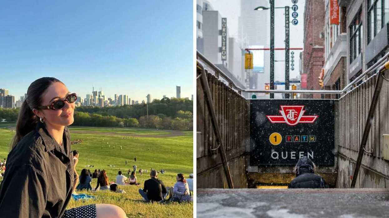 Person smiling in park with city behind. Right: Queen station TTC