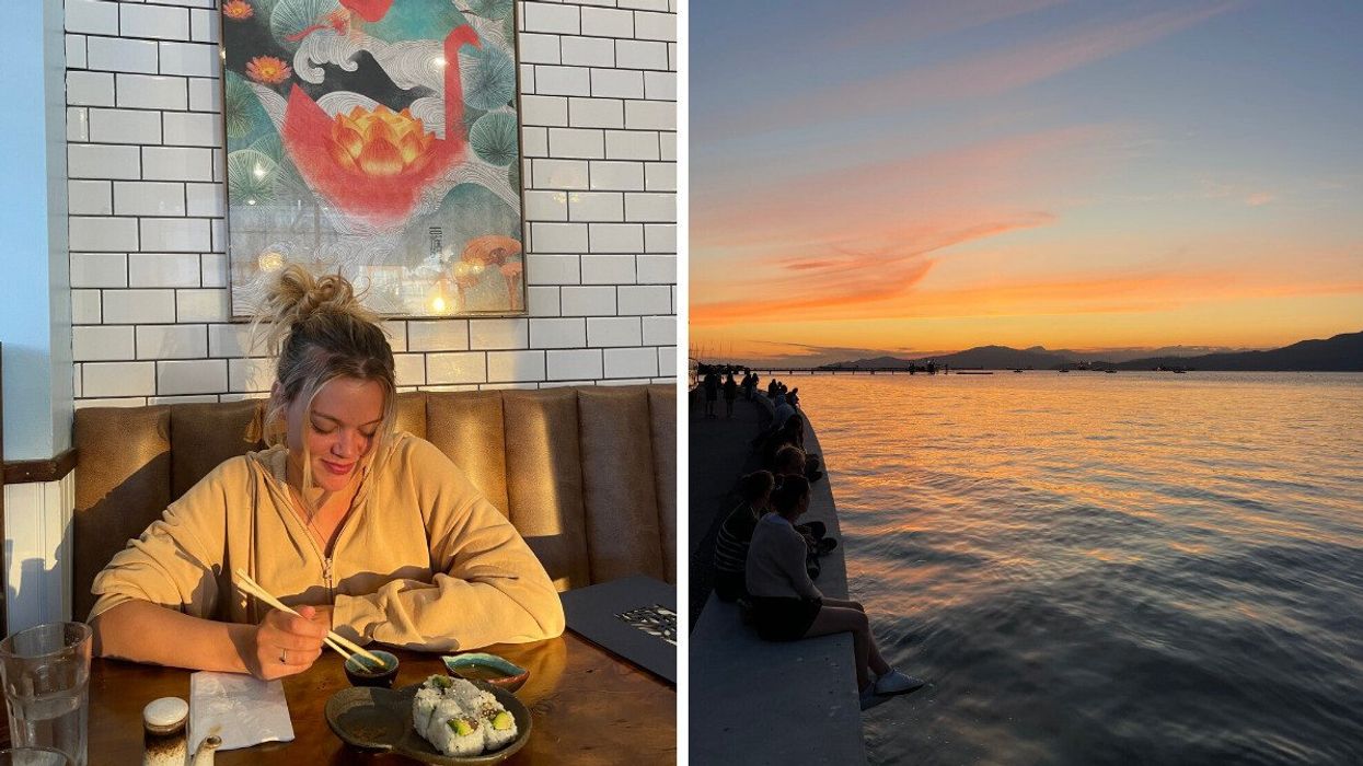 Person smiling while enjoying sushi. Right: Sunset over water with mountains in the background.
