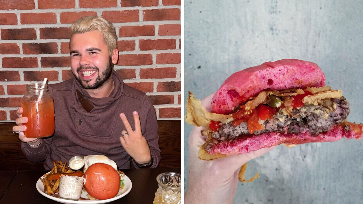 Person smiling with a pink cocktail and pink burger bun. Right: Bitten hamburger with a pink bun.