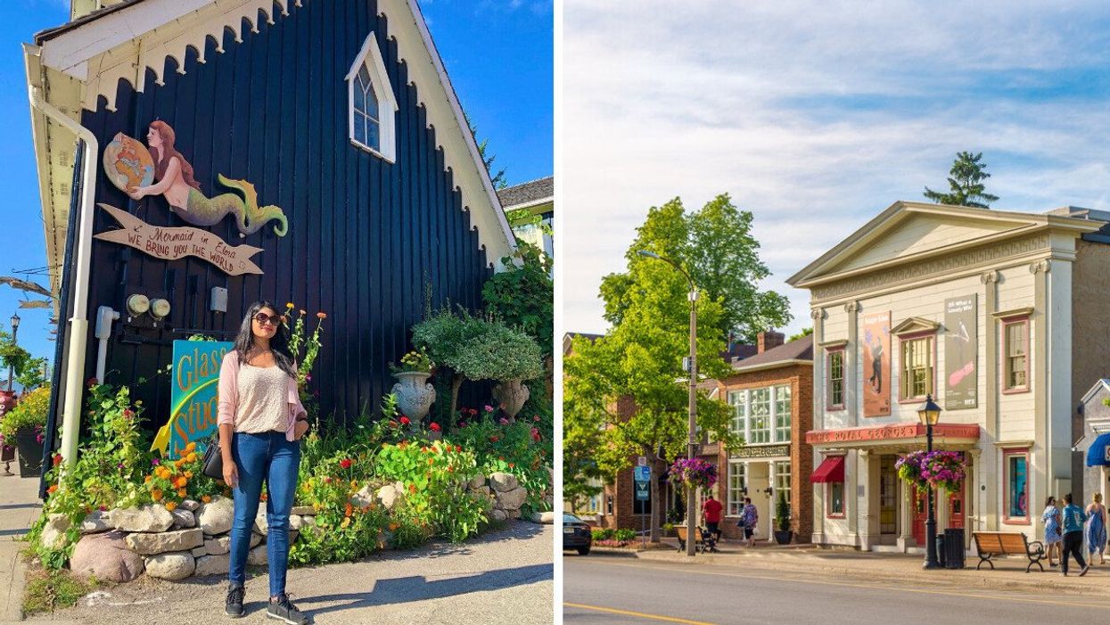 Person standing by a blue building. Right: Niagara-on-the-Lake, Ontario.