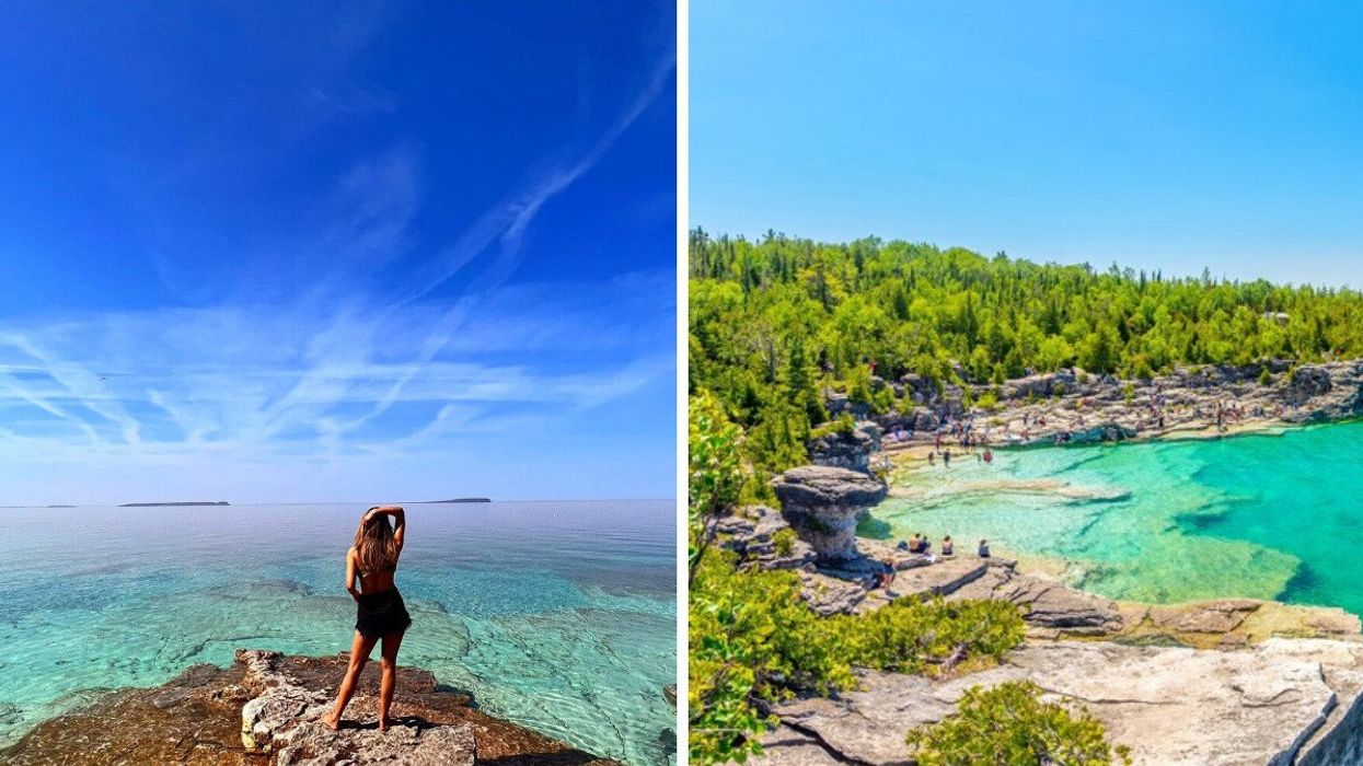 Person standing by blue water. Right: Indian Head Cove in Ontario.