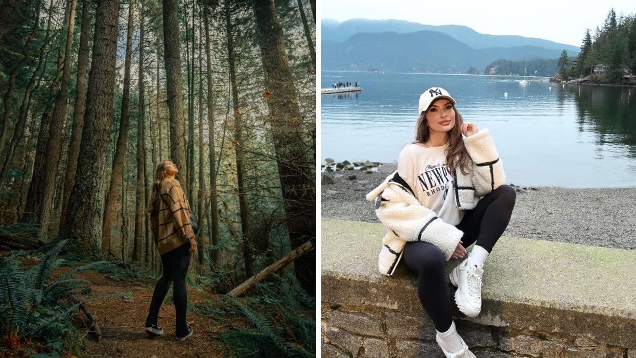 Person standing in a forest. Right: Someone by a calm inlet.