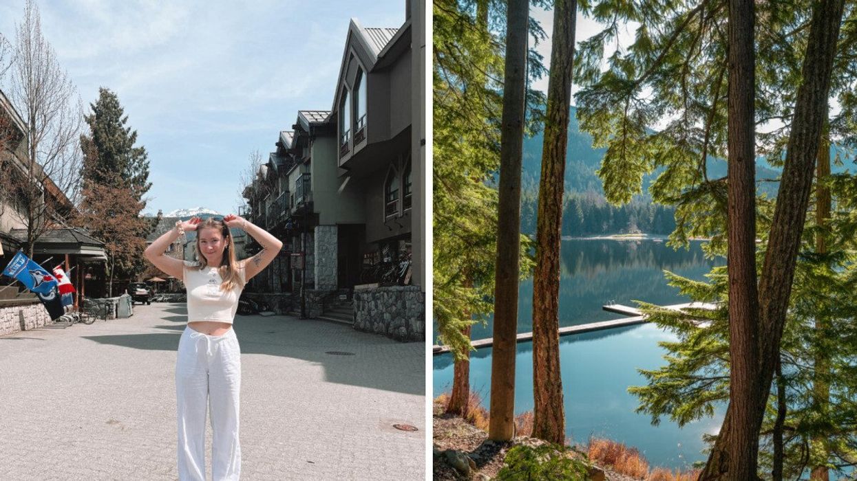 Person standing in a town. Right: A lake with trees.