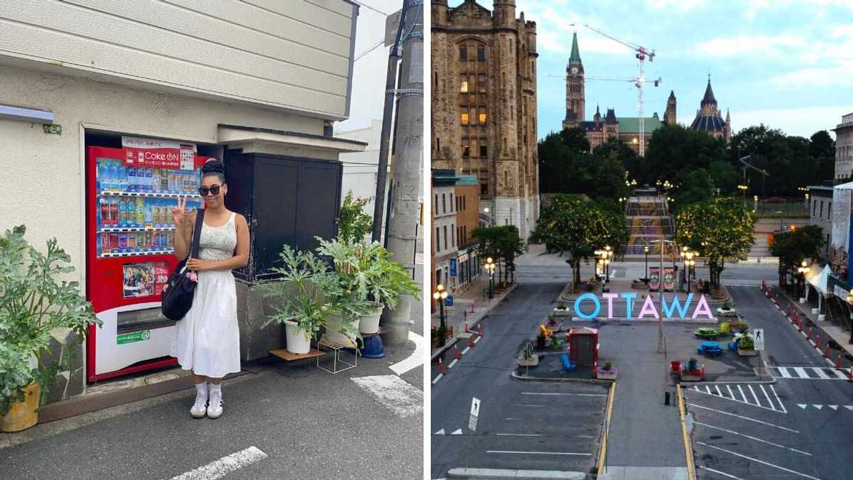 Person standing in front of a vending machine with plants beside it, holding up a peace sign, Right: An aerial view of ByWard Market in Ottawa, showing the lit-up “Ottawa” sign with Parliament buildings in the background.