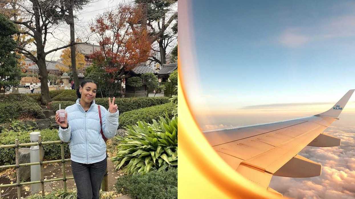 Person standing in front of greenery at Senso-ji Temple in Tokyo. Right: Airplane wing above clouds seen from a window seat.