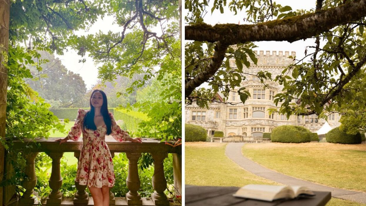 Person standing on a balcony with greenery all around. Right: A castle.