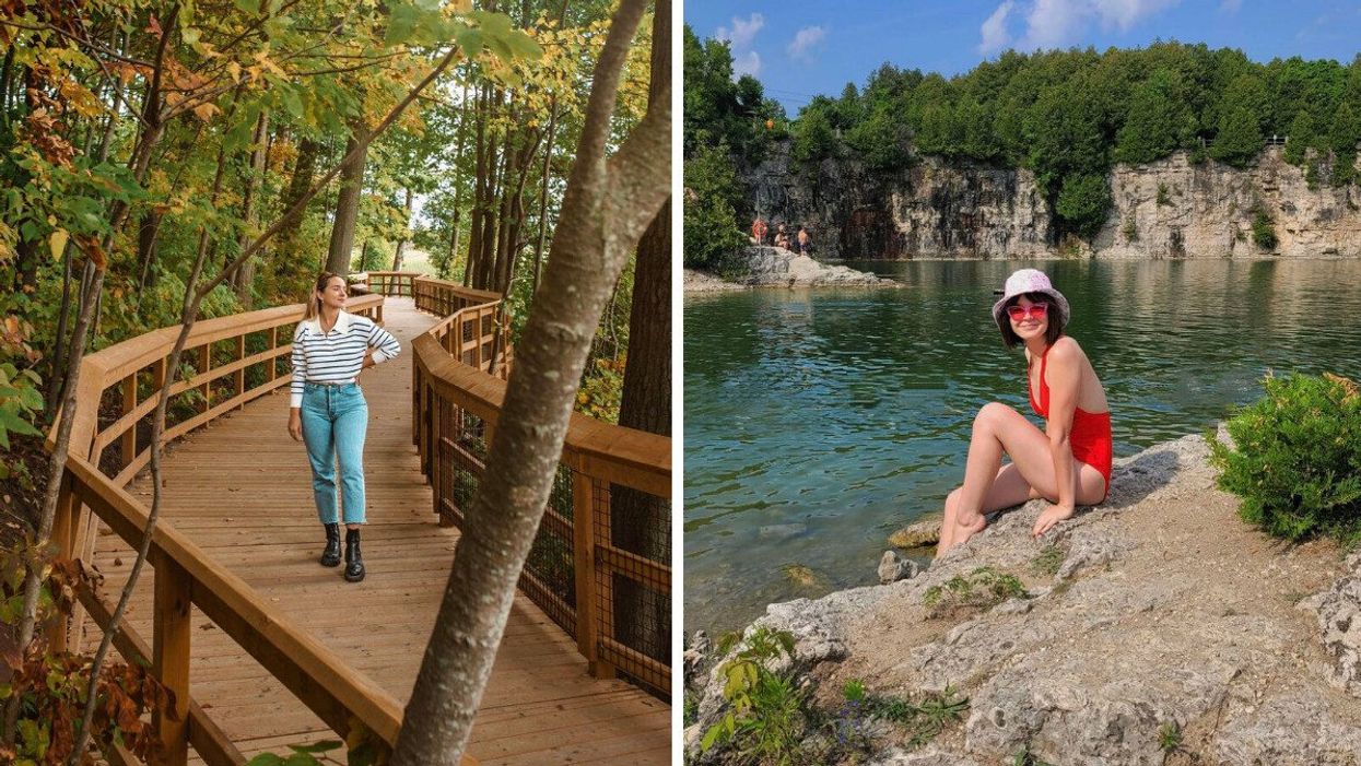Person standing on a boardwalk. Right: Person sitting on a rock by the water.