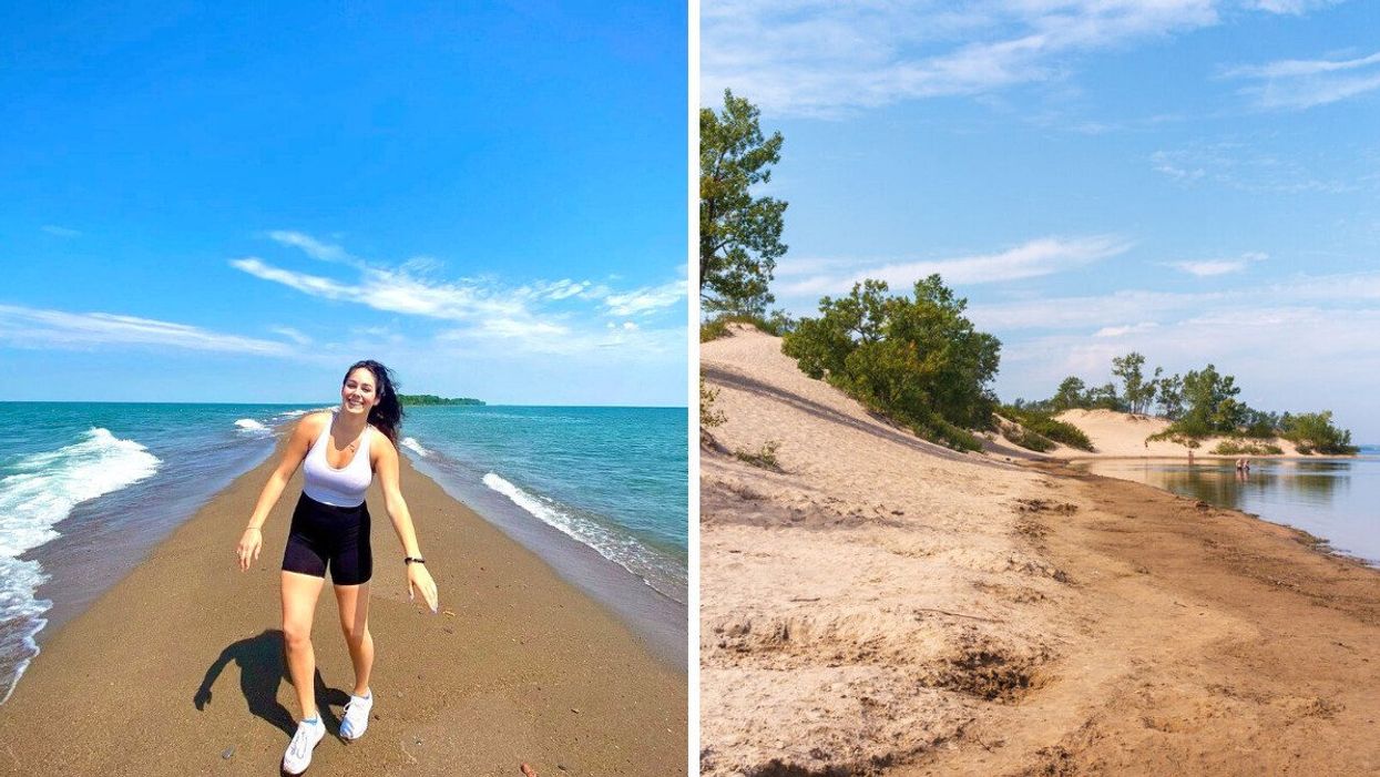 Person standing on a sandbar. Right: Sandbanks Provincial Park in Ontario.
