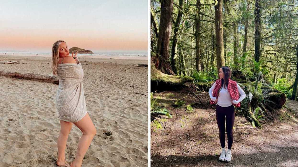 Person standing on a sandy beach. Right: Someone standing in a forest.