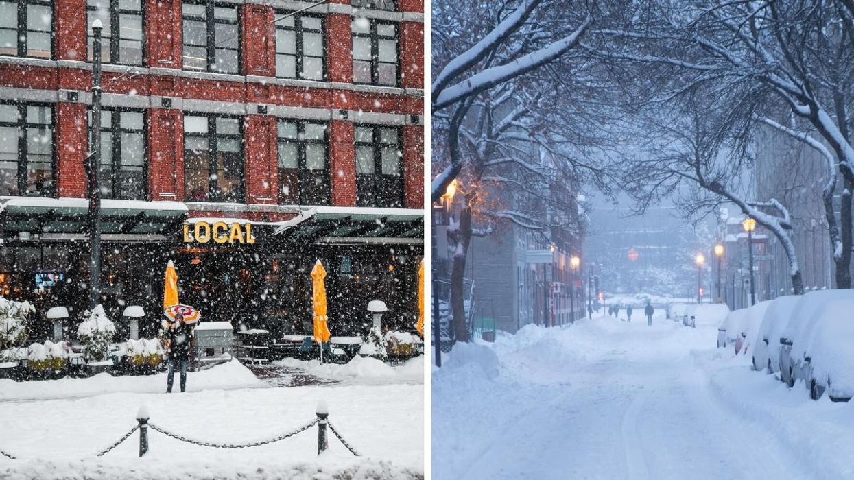Person standing on a sidewalk as it snows in Vancouver. Right: Trees and cars covered in snow along a street in Montreal.